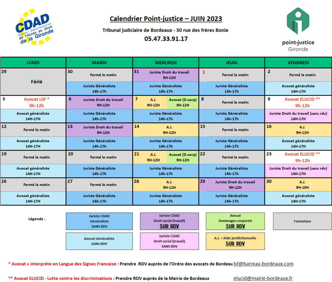 CDAD Gironde - Calendrier des permanences du Point-justice du Tribunal judiciaire de Bordeaux Juin 2023 !