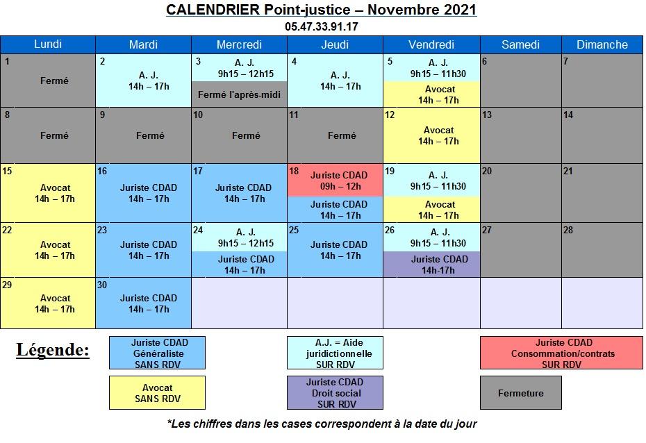 CDAD Gironde - Calendrier de novembre du Point-justice du Tribunal Judiciaire de Bordeaux