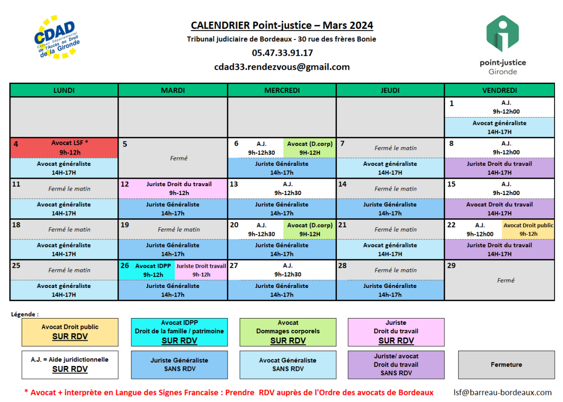 CDAD Gironde - Calendrier des permanences du mois de Mars 2024 du Point-justice du Tribunal judiciaire de Bordeaux !