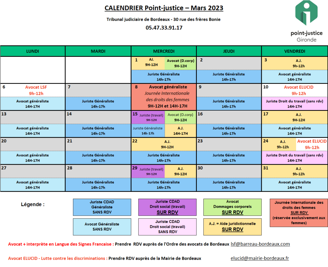 CDAD Gironde - Calendrier des permanences du mois de Mars