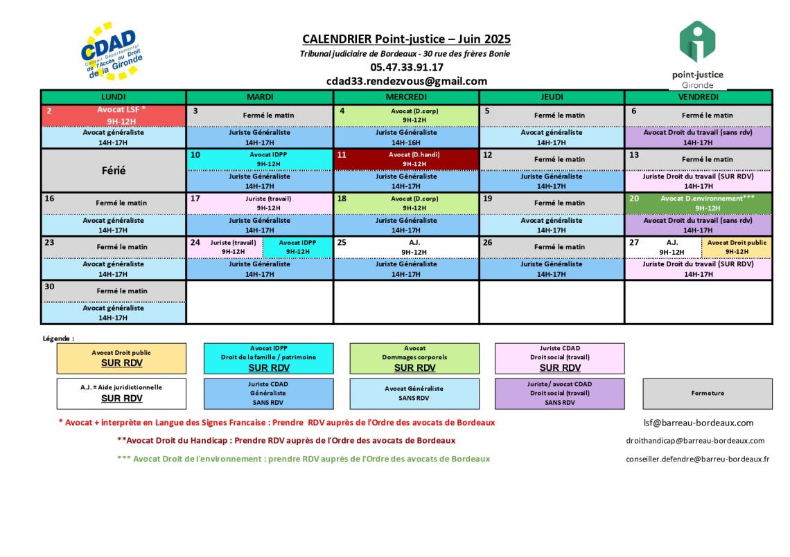 CDAD Gironde - Calendrier des permanences du mois de Juin 2025 du Point-justice du Tribunal judiciaire de Bordeaux !