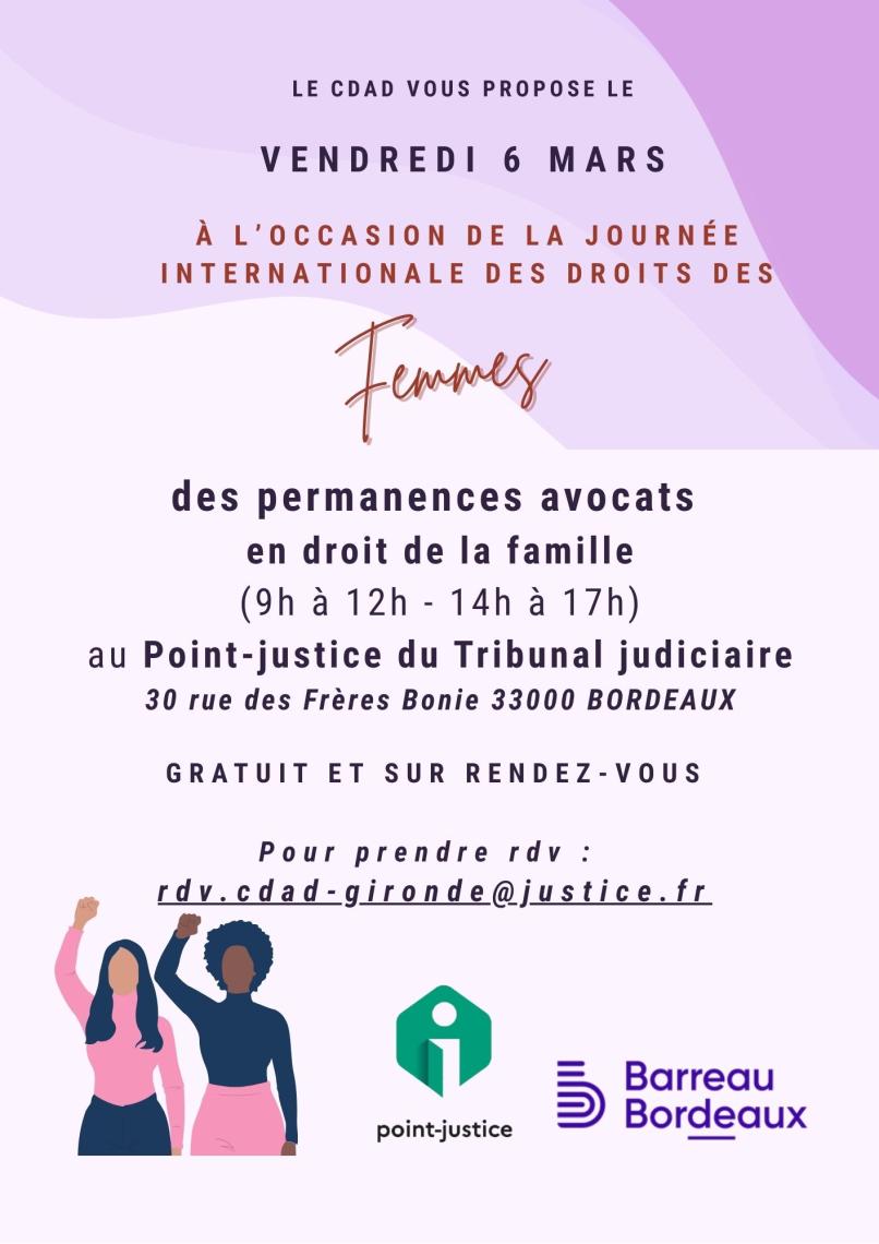 CDAD Gironde - Permanences Avocats à l'occasion de la journée internationales des droits des femmes