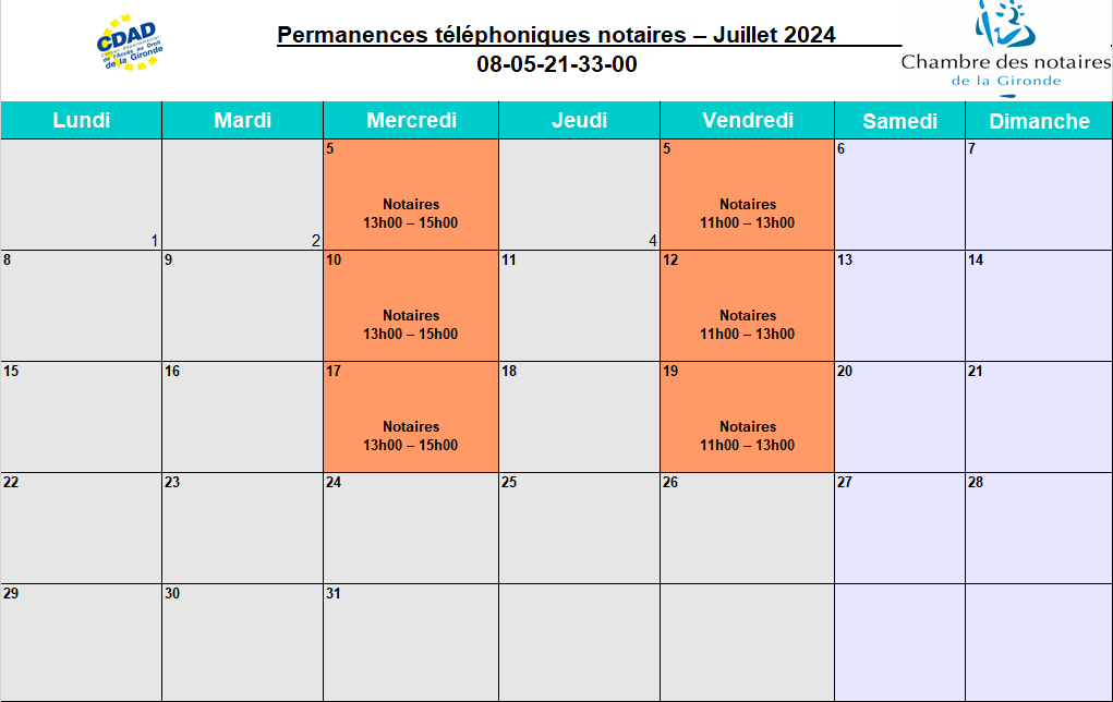 CDAD Gironde - Calendrier de la plateforme téléphonique des notaires de la Gironde du mois de Juillet 2024
