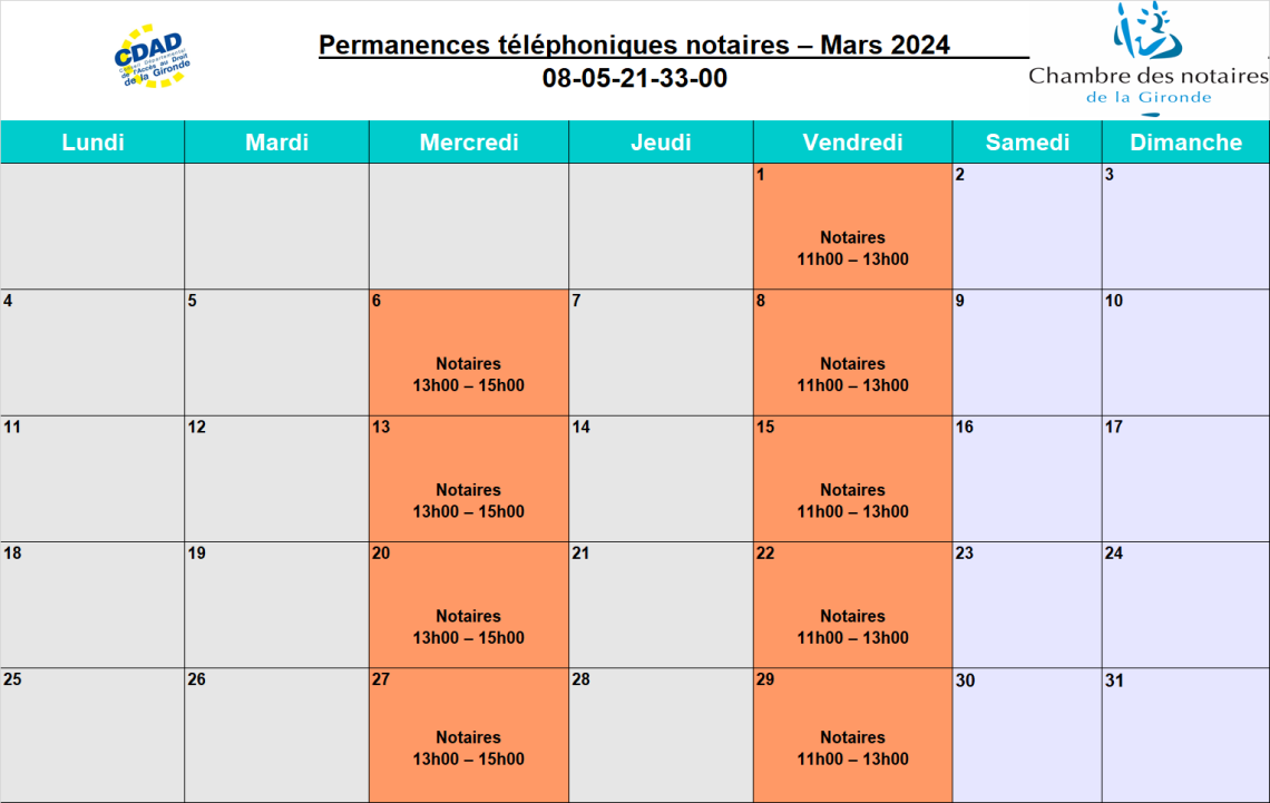 CDAD Gironde - Calendrier de la plateforme téléphonique des notaires de la Gironde du mois de Mars 2024 !