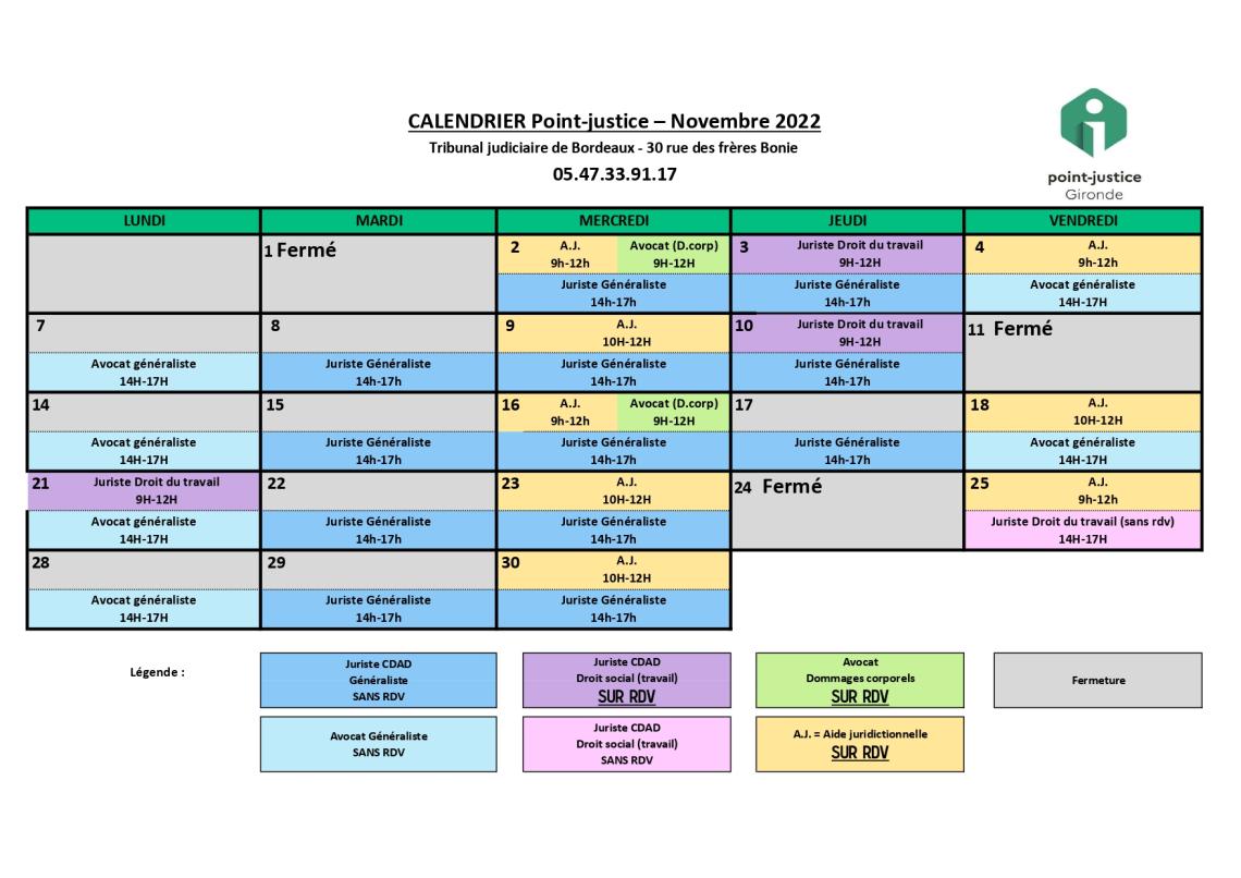 CDAD Gironde - Calendrier des permanences du mois de Novembre du Point-justice du tribunal judiciaire de Bordeaux !