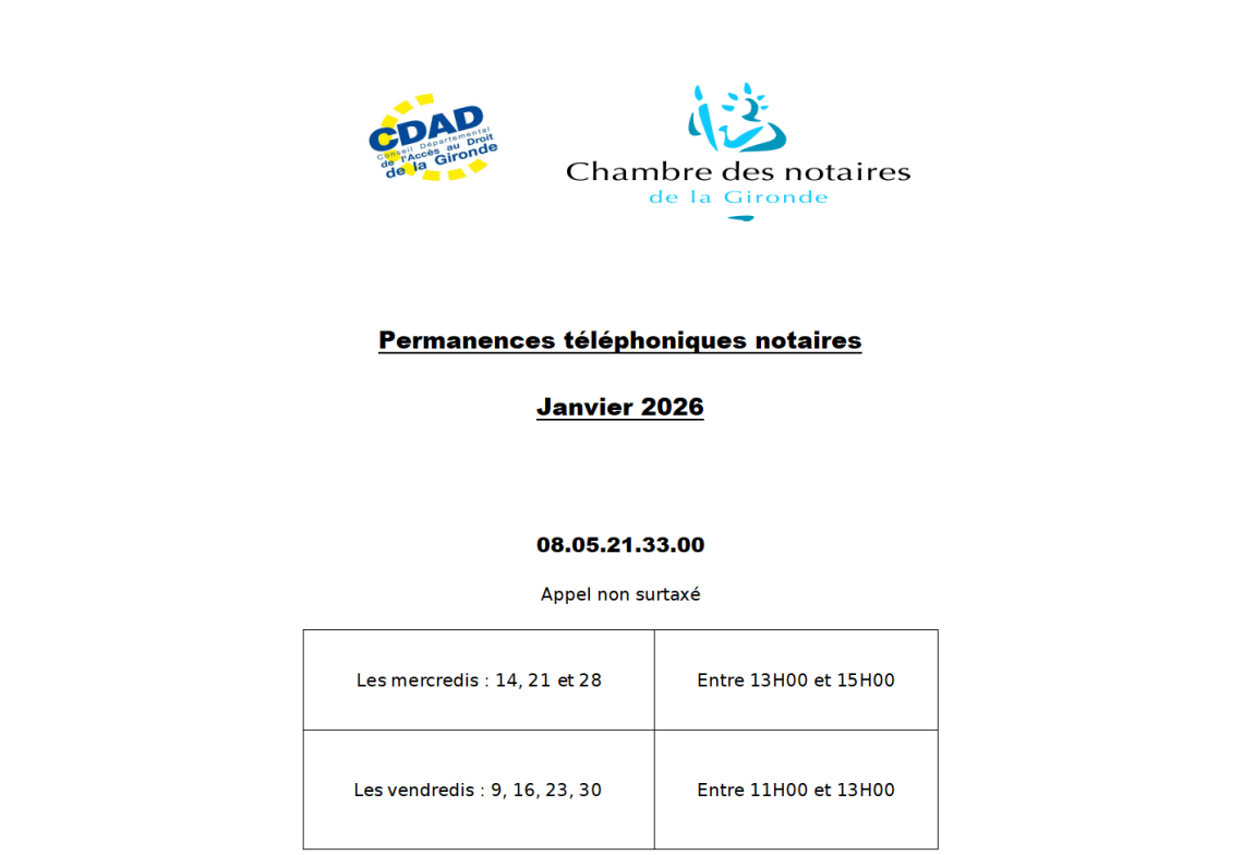 CDAD Gironde - Calendrier de la plateforme téléphonique des notaires de la Gironde du mois de Janvier 2026