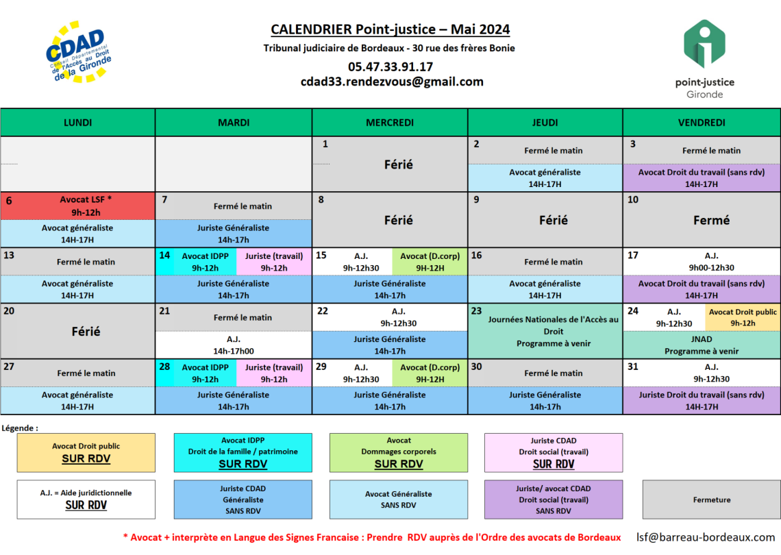 CDAD Gironde - Calendrier des permanences du mois de Mai 2024 du Point-justice du Tribunal judiciaire de Bordeaux