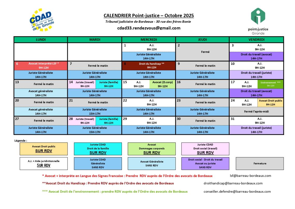 CDAD Gironde - Calendrier des permanences du mois d'Octobre 2025 du Point-justice du Tribunal judiciaire de Bordeaux !
