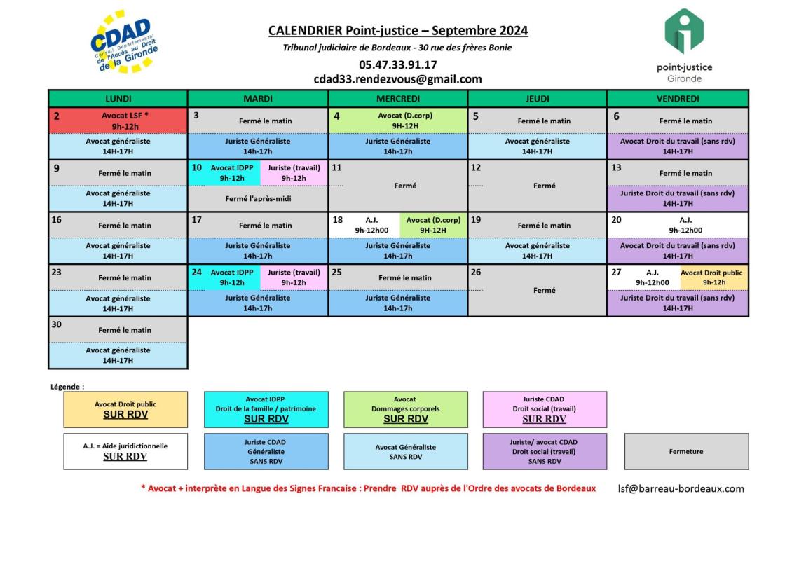 CDAD Gironde - Calendrier des permanences du mois de Septembre 2024 du Point-justice du Tribunal judiciaire de Bordeaux !