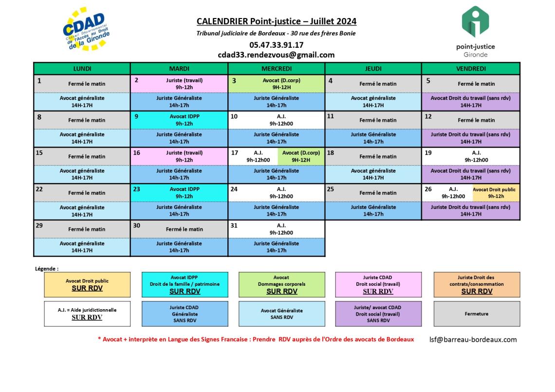 CDAD Gironde - Calendrier des permanences du mois de Juillet 2024 du Point-justice du Tribunal judiciaire de Bordeaux