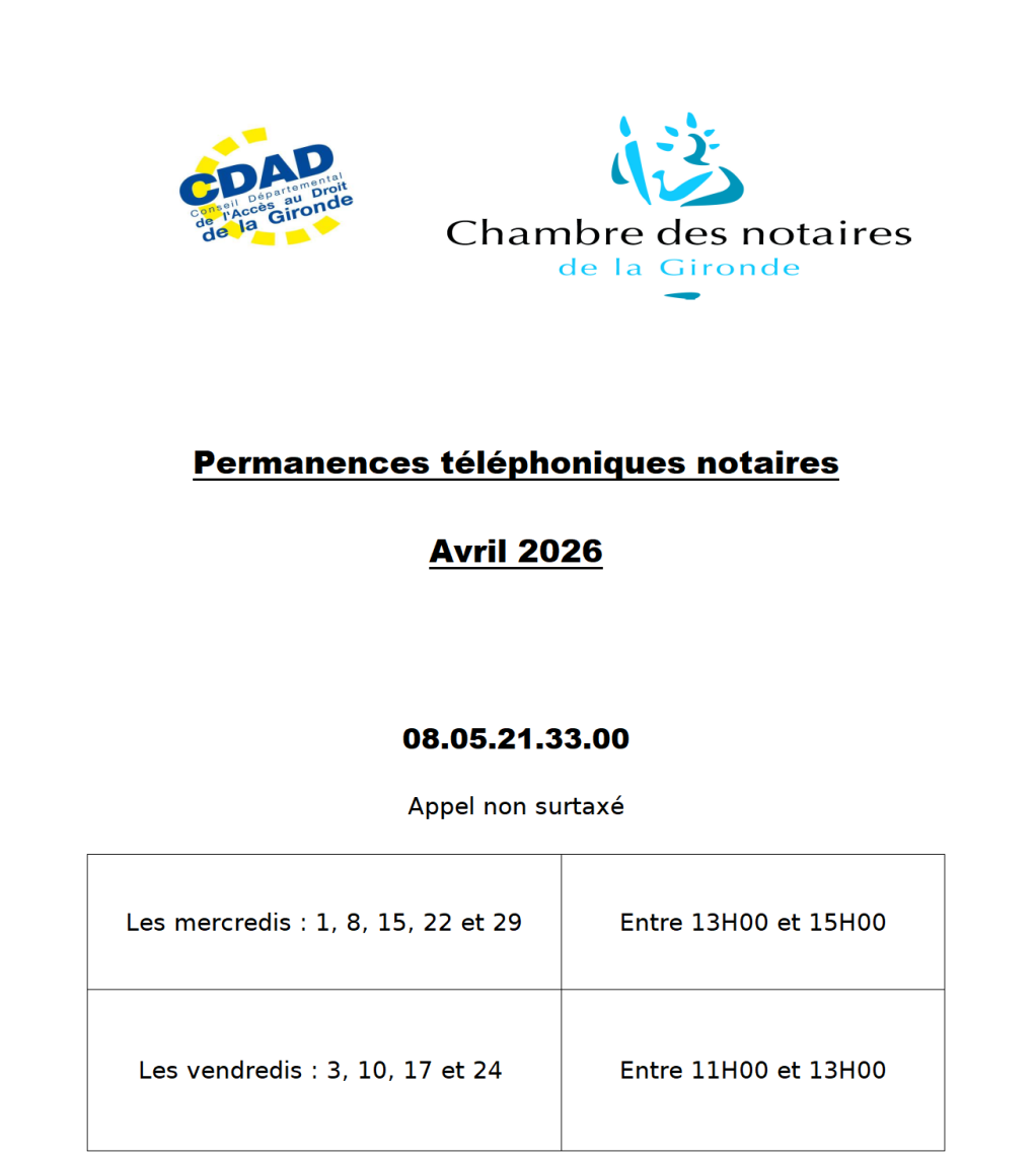 CDAD Gironde - Calendrier de la plateforme téléphonique des notaires de la Gironde du mois d'Avril 2026