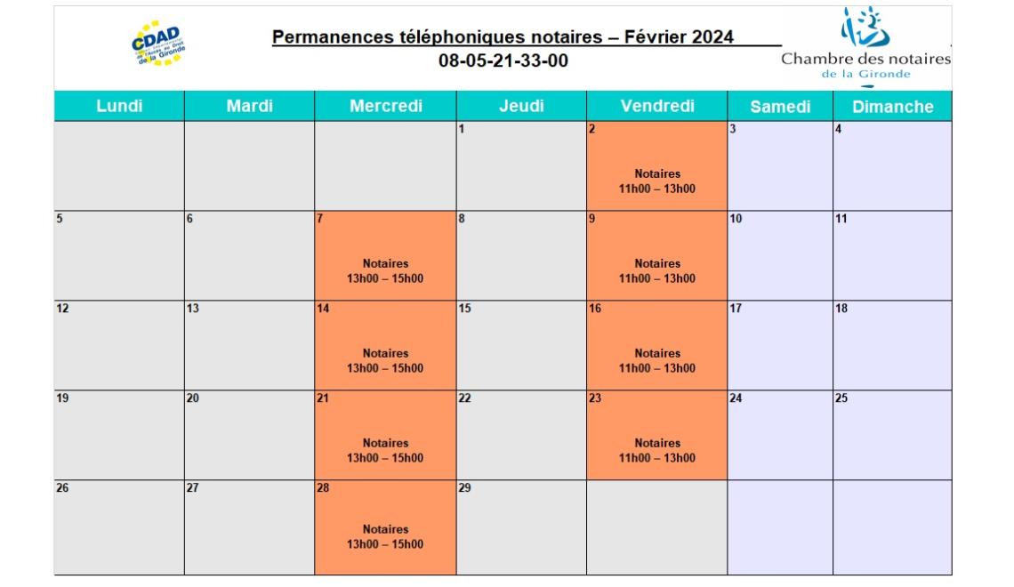 CDAD Gironde - La plateforme téléphonique des notaires de la Gironde se poursuit en Février 2024 !
