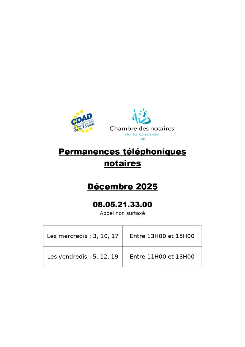 CDAD Gironde - Calendrier de la plateforme téléphonique des notaires de la Gironde du mois de Décembre 2025