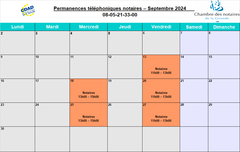 CDAD Gironde - Calendrier de la plateforme téléphonique des notaires de la Gironde du mois de Septembre 2024