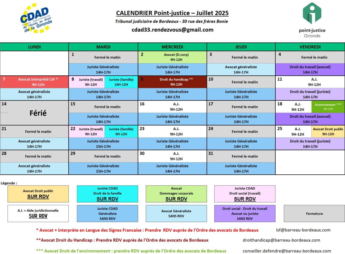 CDAD Gironde - Calendrier des permanences du mois de Juillet 2025 du Point-justice du Tribunal judiciaire de Bordeaux !