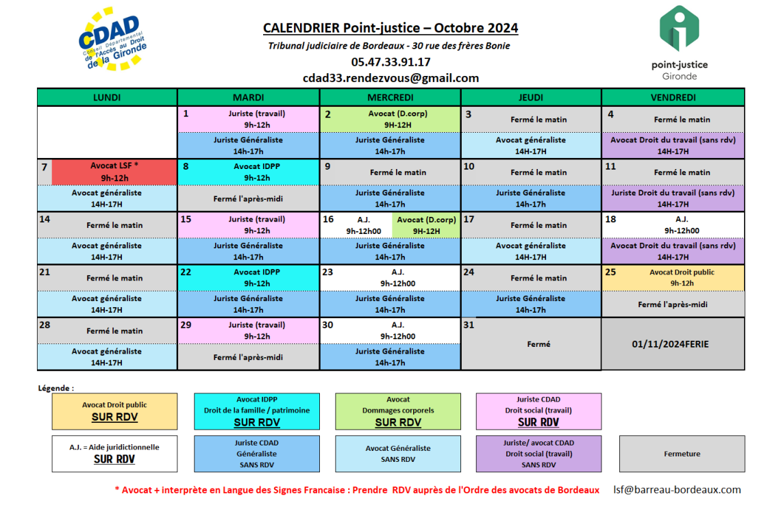 CDAD Gironde - Calendrier des permanences du mois d'Octobre 2024 du Point-justice du Tribunal judiciaire de Bordeaux !