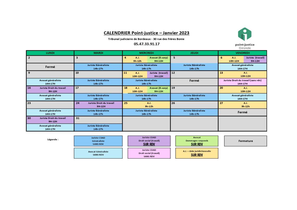 CDAD Gironde - Calendrier des permanences du mois de Janvier du Point-justice du tribunal judiciaire de Bordeaux !