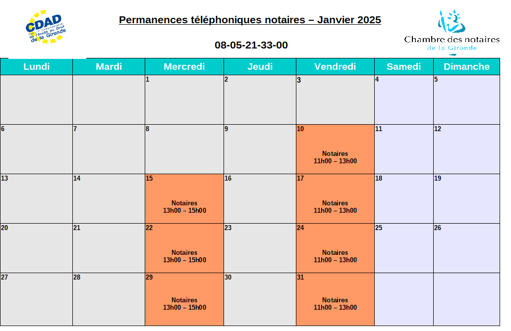 CDAD Gironde - Calendrier de la plateforme téléphonique des notaires de la Gironde du mois de Janvier 2025