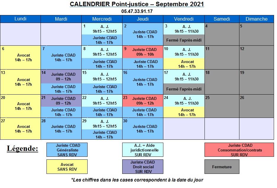 CDAD Gironde - Calendrier de septembre du Point-justice du Tribunal Judiciaire de Bordeaux