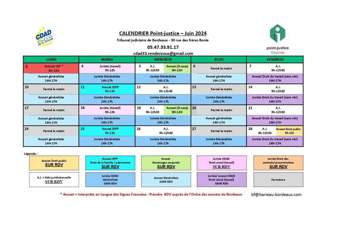 CDAD Gironde - Calendrier des permanences du mois de Juin 2024 du Point-justice du Tribunal judiciaire de Bordeaux