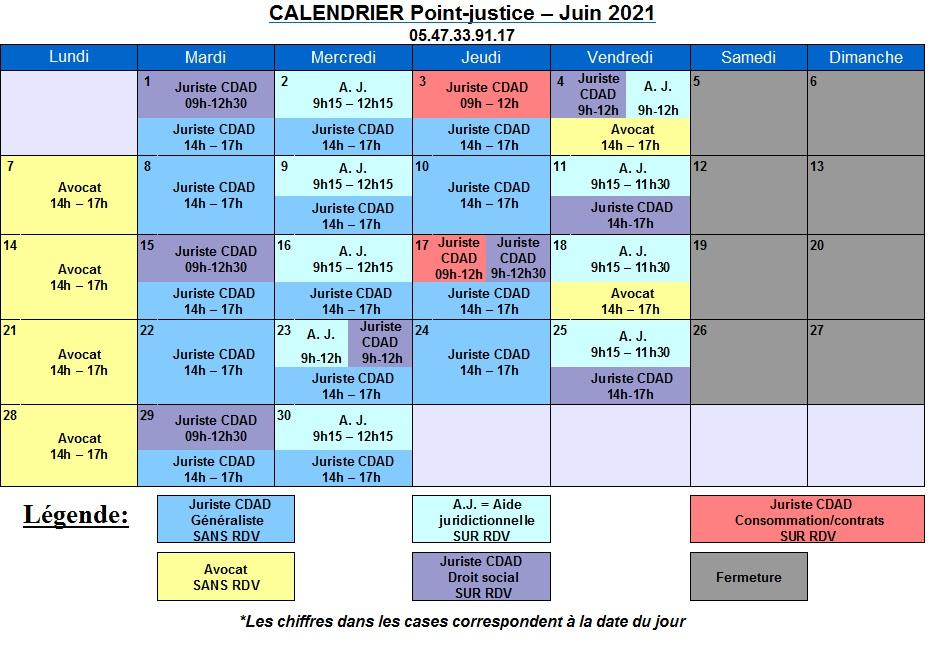 CDAD Gironde - Calendrier de juin du Point-justice du Tribunal judiciaire de Bordeaux