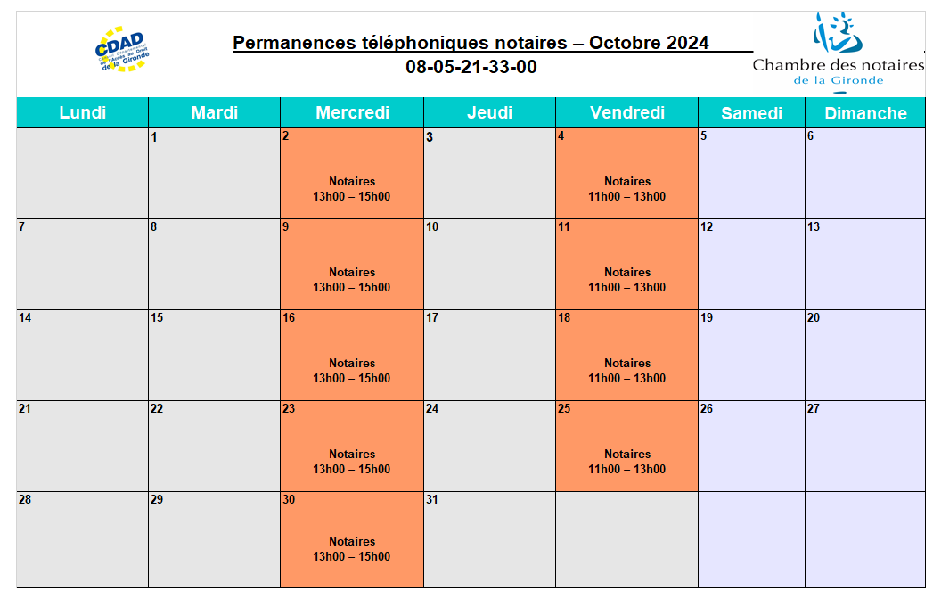 CDAD Gironde - Calendrier de la plateforme téléphonique des notaires de la Gironde du mois d'Octobre 2024