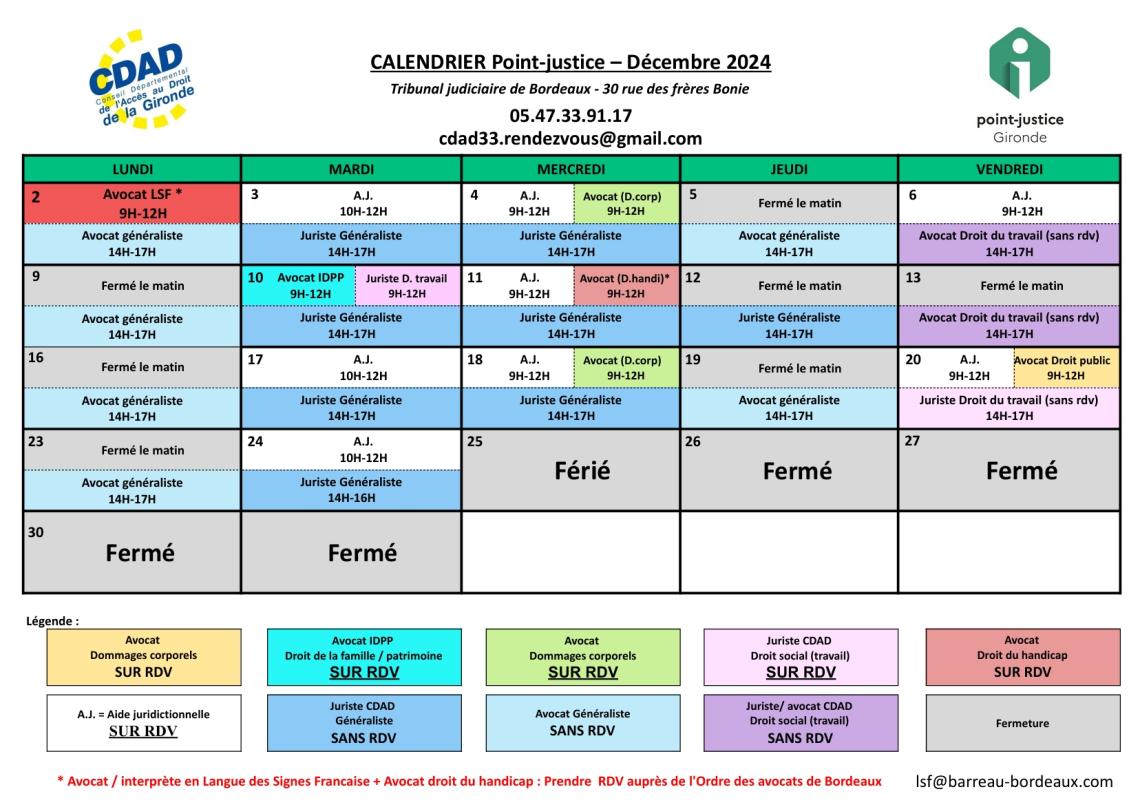 CDAD Gironde - Calendrier des permanences du mois de Décembre 2024 du Point-justice du Tribunal judiciaire de Bordeaux !
