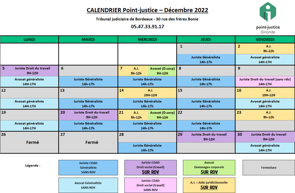 CDAD Gironde - Calendrier des permanences du mois de Décembre du Point-justice du tribunal judiciaire de Bordeaux !