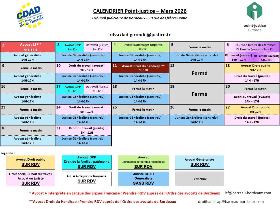 CDAD Gironde - Calendrier des permanences du mois de Mars 2026 du Point-justice du Tribunal judiciaire de Bordeaux !
