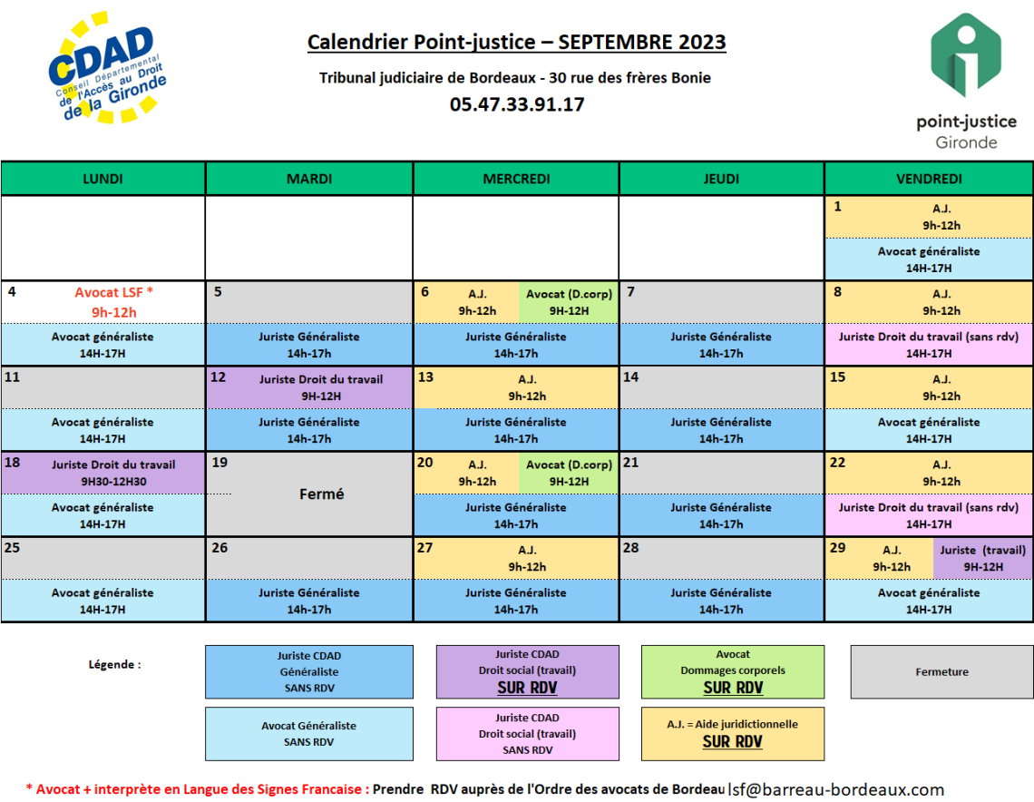CDAD Gironde - Calendrier des permanences du mois de Septembre du Point-justice du Tribunal judiciaire de Bordeaux !