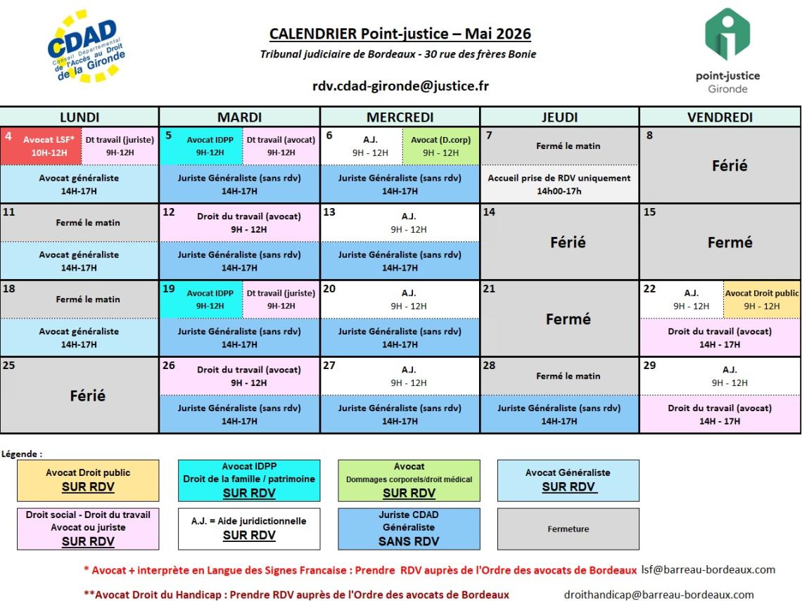 CDAD Gironde - Calendrier des permanences du mois de Mai 2026 du Point-justice du Tribunal judiciaire de Bordeaux !