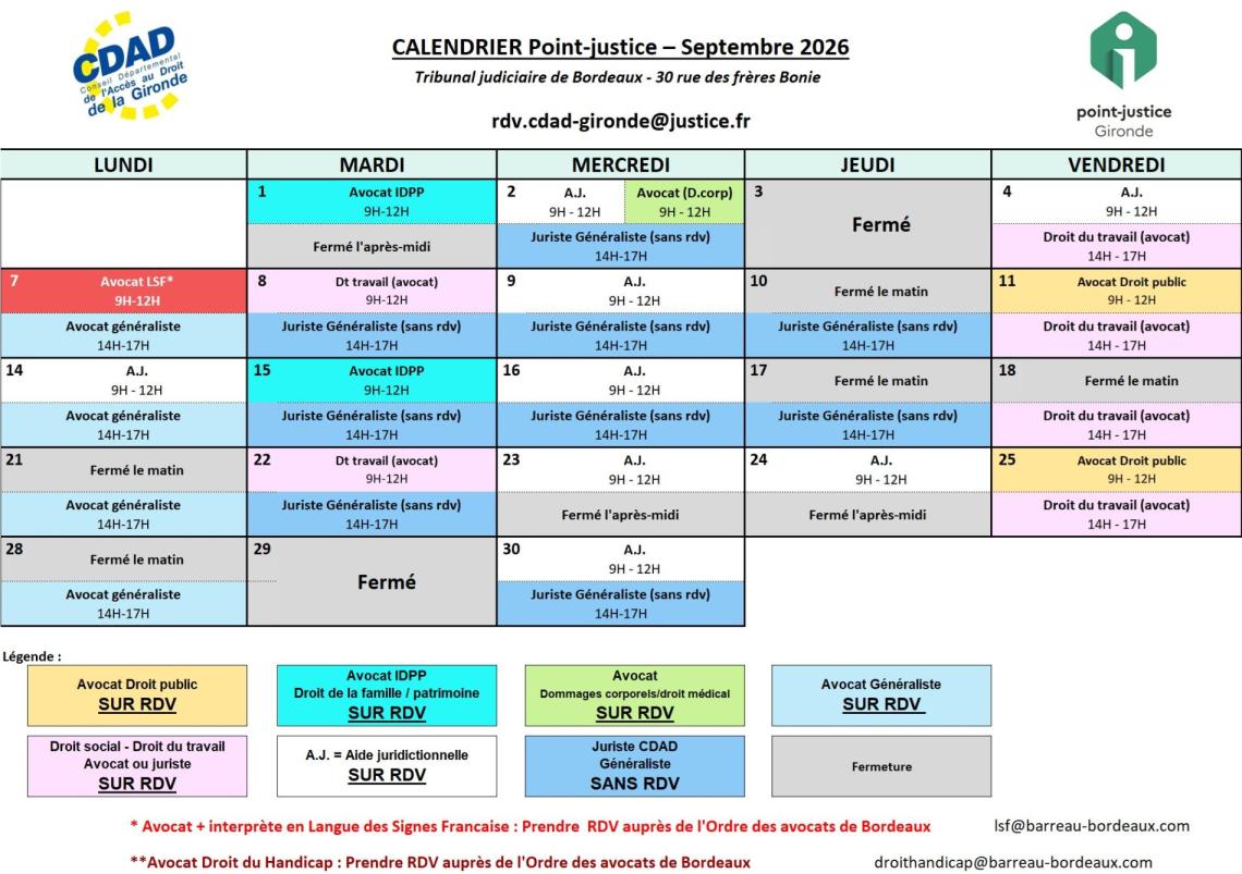 CDAD Gironde - Calendrier des permanences du mois de Septembre 2026 du Point-justice du Tribunal judiciaire de Bordeaux !