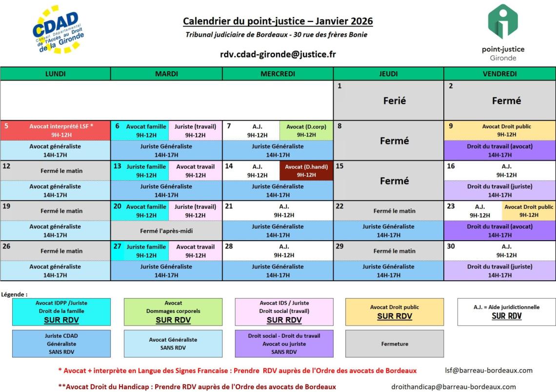 CDAD Gironde - Calendrier des permanences du mois de Janvier 2026 du Point-justice du Tribunal judiciaire de Bordeaux !
