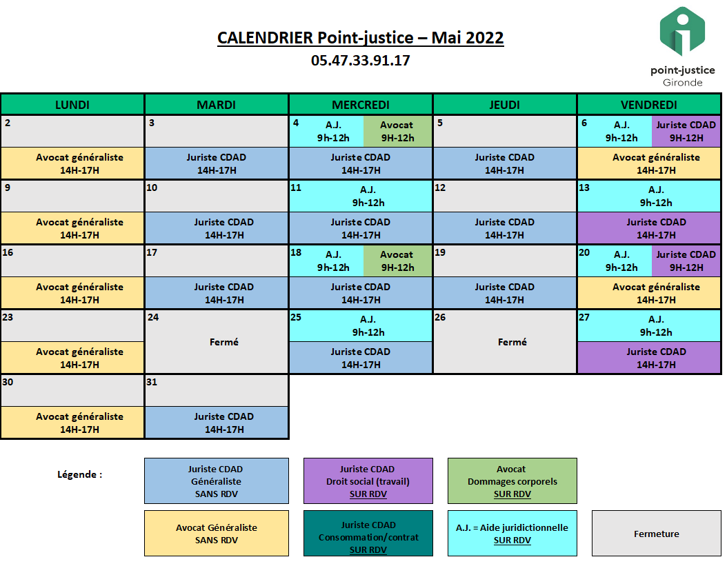 CDAD Gironde - Calendrier de mai du point-justice du Tribunal judiciaire de Bordeaux