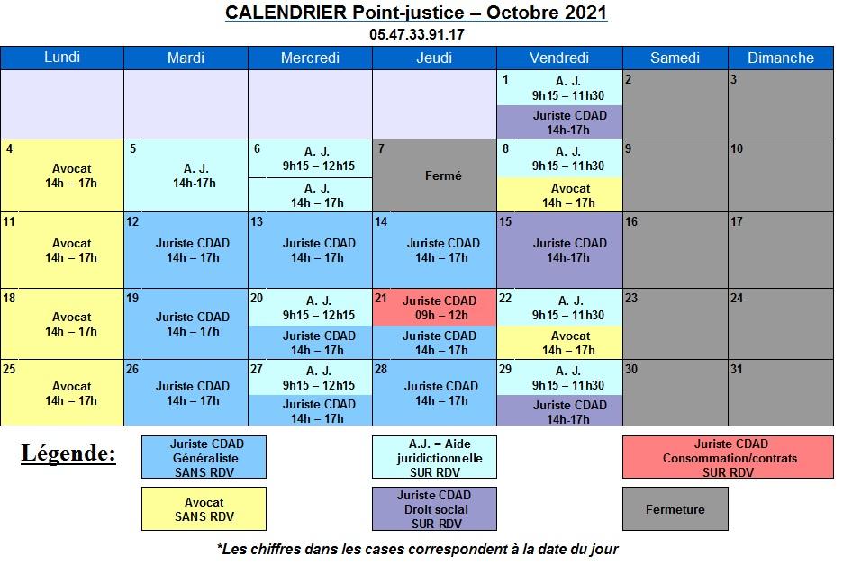 CDAD Gironde - Calendrier d'octobre du Point-justice du Tribunal Judiciaire de Bordeaux