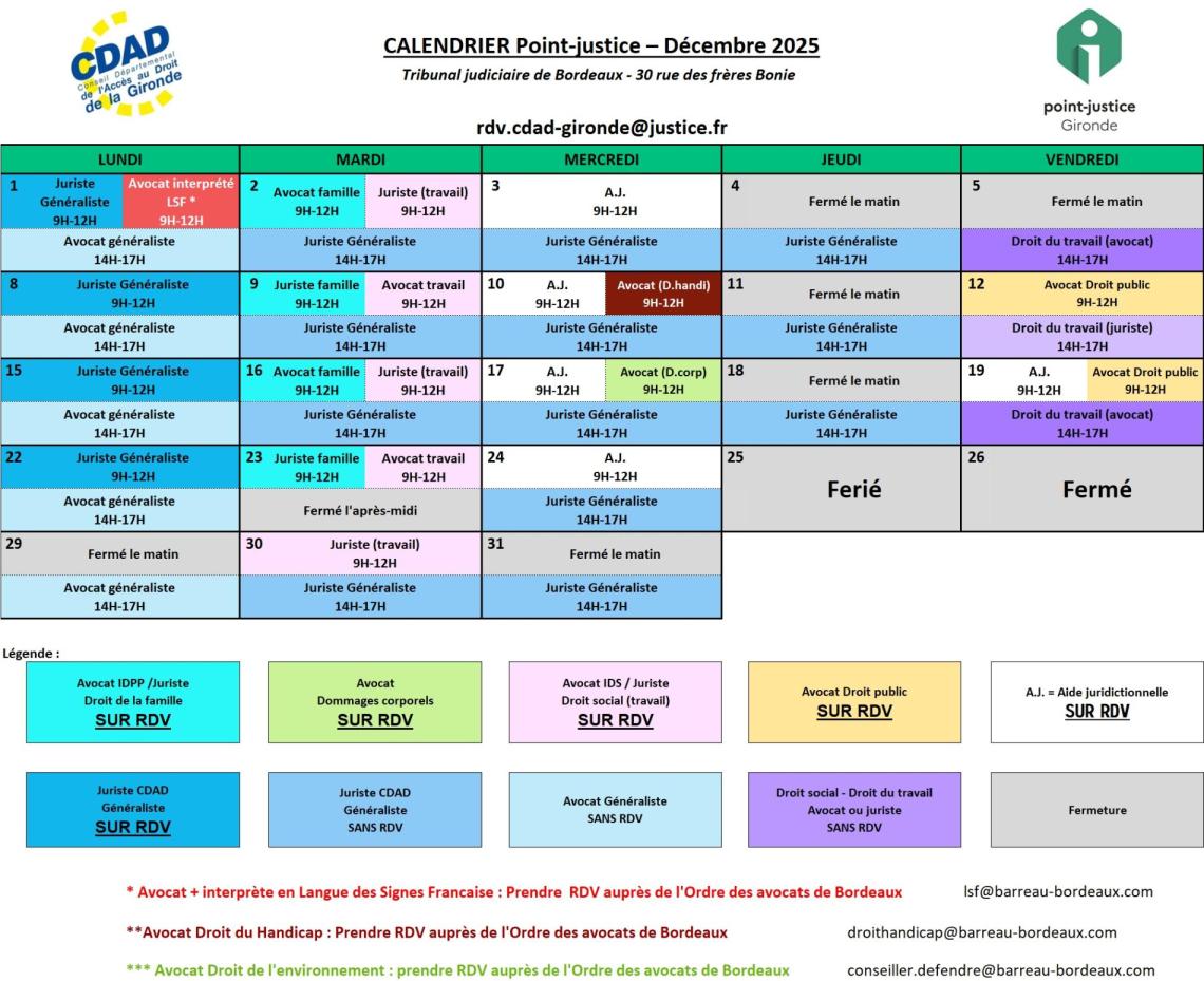 CDAD Gironde - Calendrier des permanences du mois de Décembre 2025 du Point-justice du Tribunal judiciaire de Bordeaux !