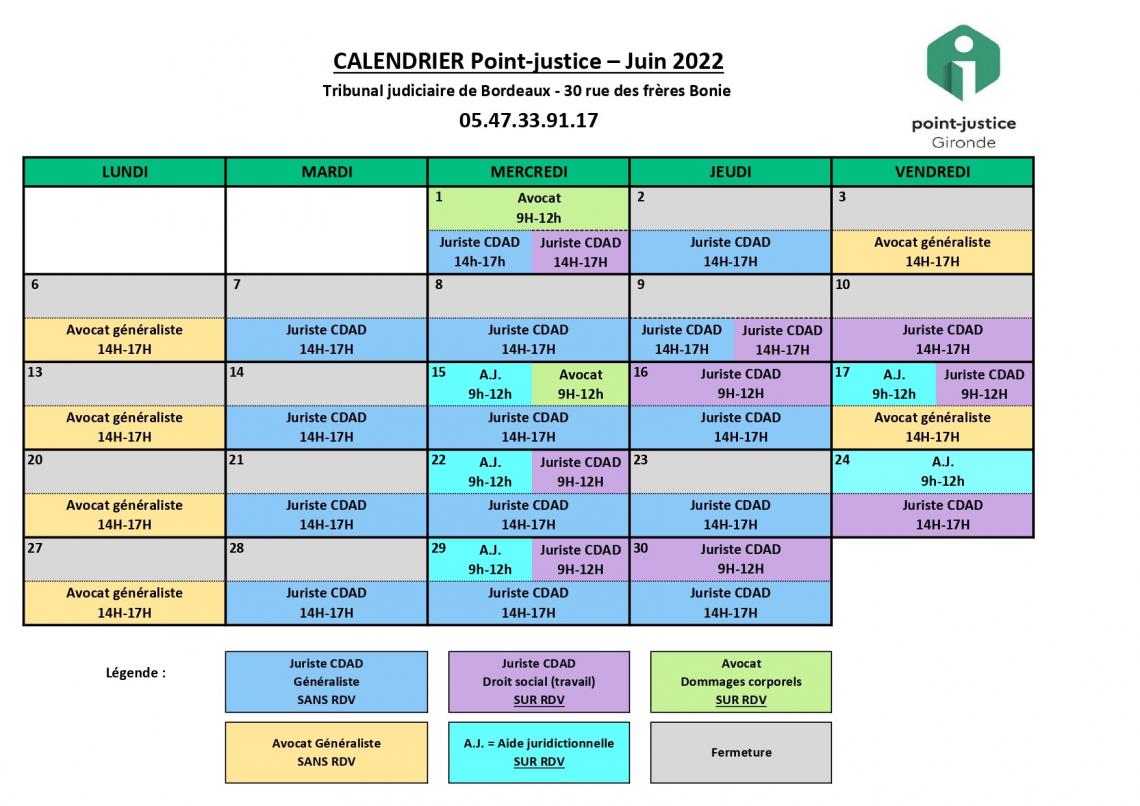 CDAD Gironde - Calendrier de juin du point-justice du tribunal judiciaire de Bordeaux