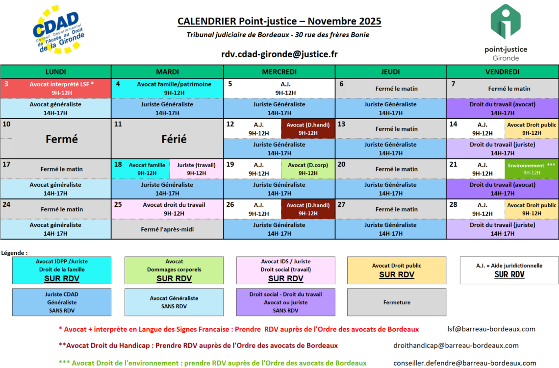 CDAD Gironde - Calendrier des permanences du mois de Novembre 2025 du Point-justice du Tribunal judiciaire de Bordeaux !
