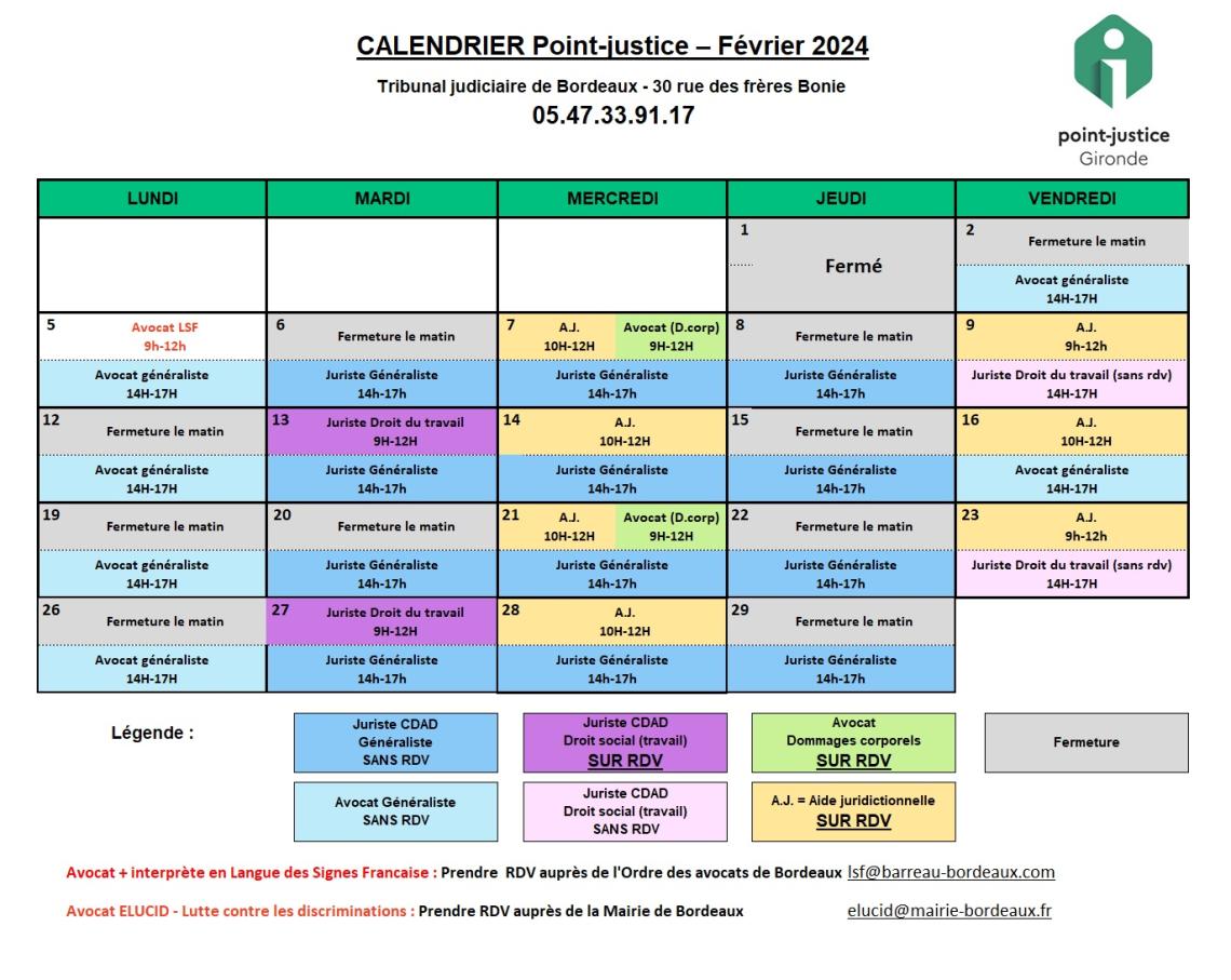 CDAD Gironde - Calendrier des permanences du mois de Février 2024 du Point-justice du Tribunal judiciaire de Bordeaux !