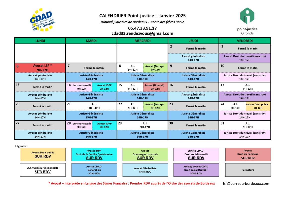 CDAD Gironde - Calendrier des permanences du mois de Janvier 2025 du Point-justice du Tribunal judiciaire de Bordeaux !