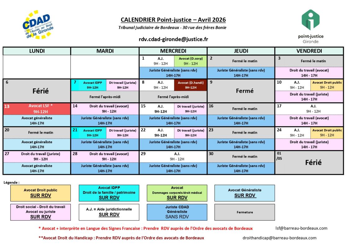 CDAD Gironde - Calendrier des permanences du mois d'Avril 2026 du Point-justice du Tribunal judiciaire de Bordeaux !