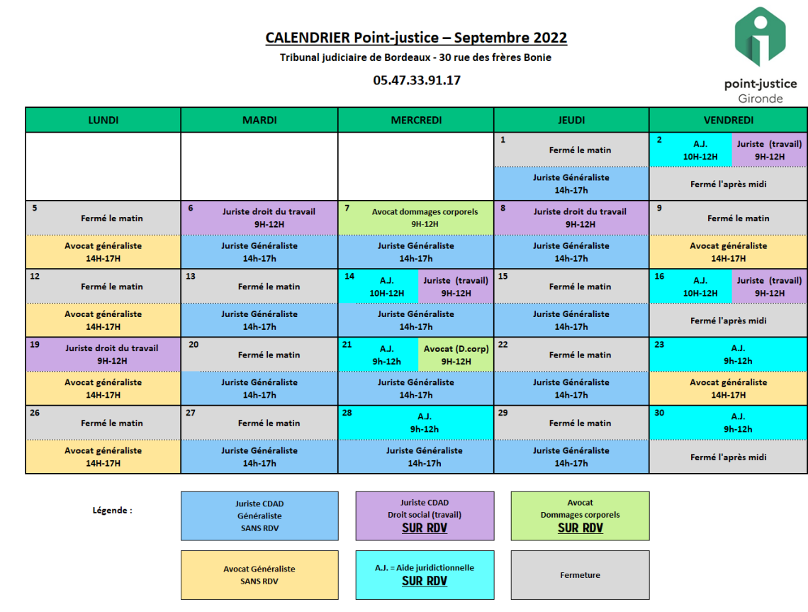CDAD Gironde - Calendrier des permanences du mois de septembre du Point-justice du tribunal judiciaire de Bordeaux !