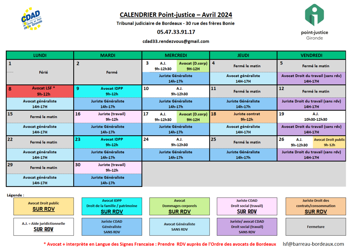 CDAD Gironde - Calendrier des permanences du mois d'Avril 2024 du Point-justice du Tribunal judiciaire de Bordeaux !