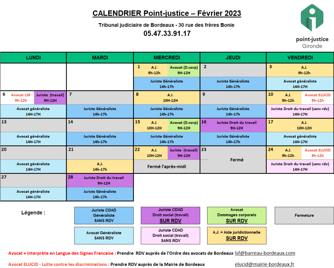 CDAD Gironde - Calendrier des permanences du mois de Février du Point-justice du Tribunal judiciaire de Bordeaux !