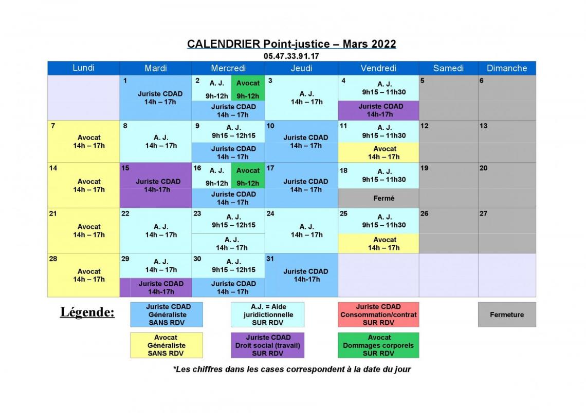 CDAD Gironde - Calendrier de Mars du Point-justice du Tribunal judiciaire de Bordeaux