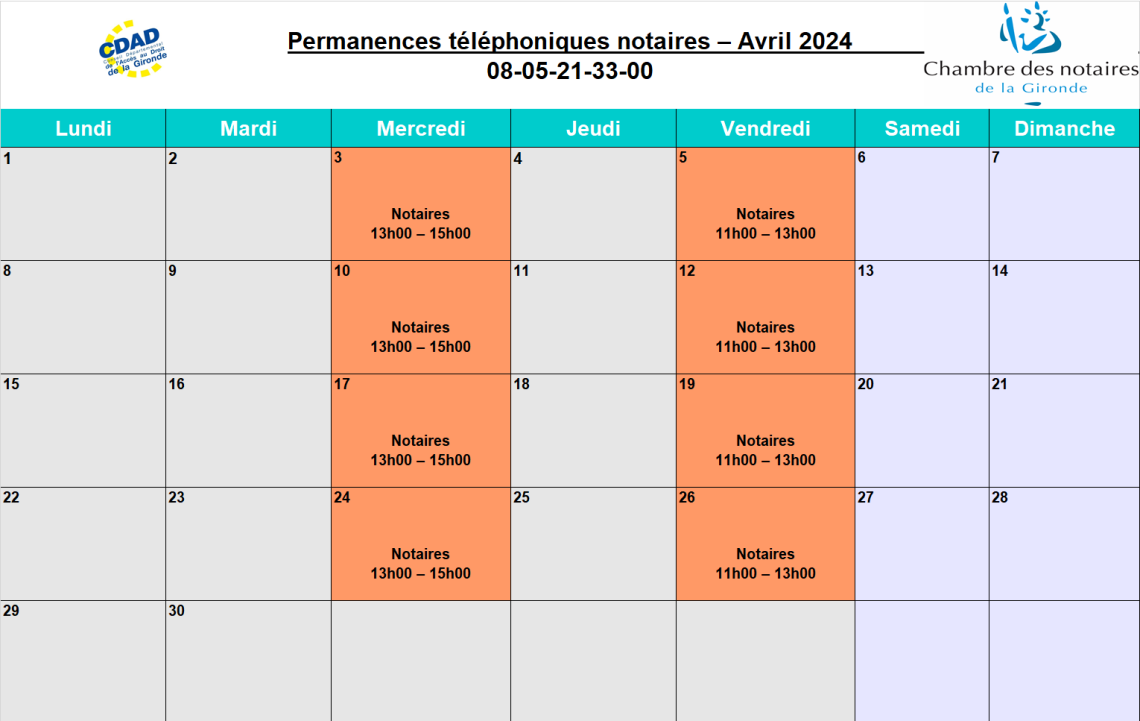 CDAD Gironde - Calendrier de la plateforme téléphonique des notaires de la Gironde du mois d'Avril 2024