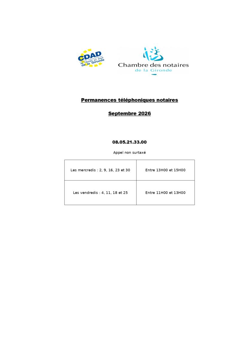 CDAD Gironde - Calendrier de la plateforme téléphonique des notaires de la Gironde du mois de Septembre 2026