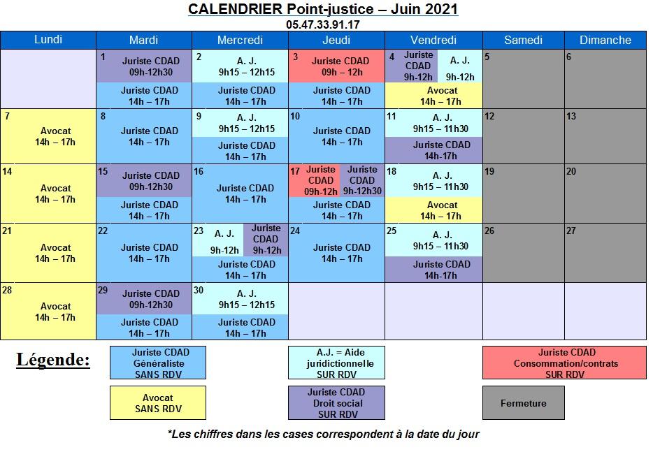 CDAD Gironde - Calendrier de juin du Point-justice du Tribunal judiciaire de Bordeaux
