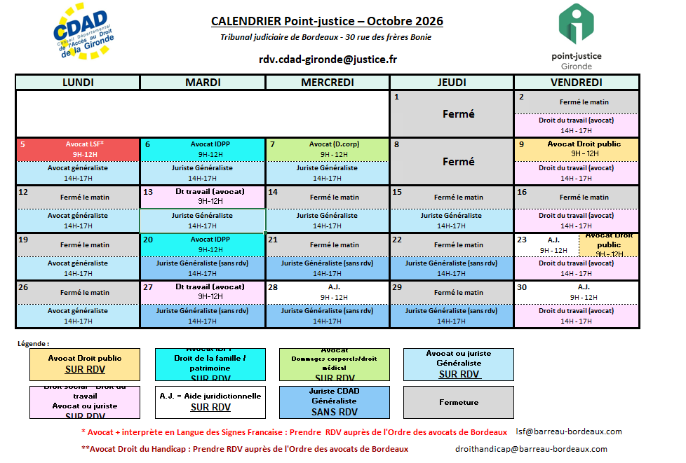 CDAD Gironde - Calendrier des permanences du mois de Octobre 2026 du Point-justice du Tribunal judiciaire de Bordeaux !
