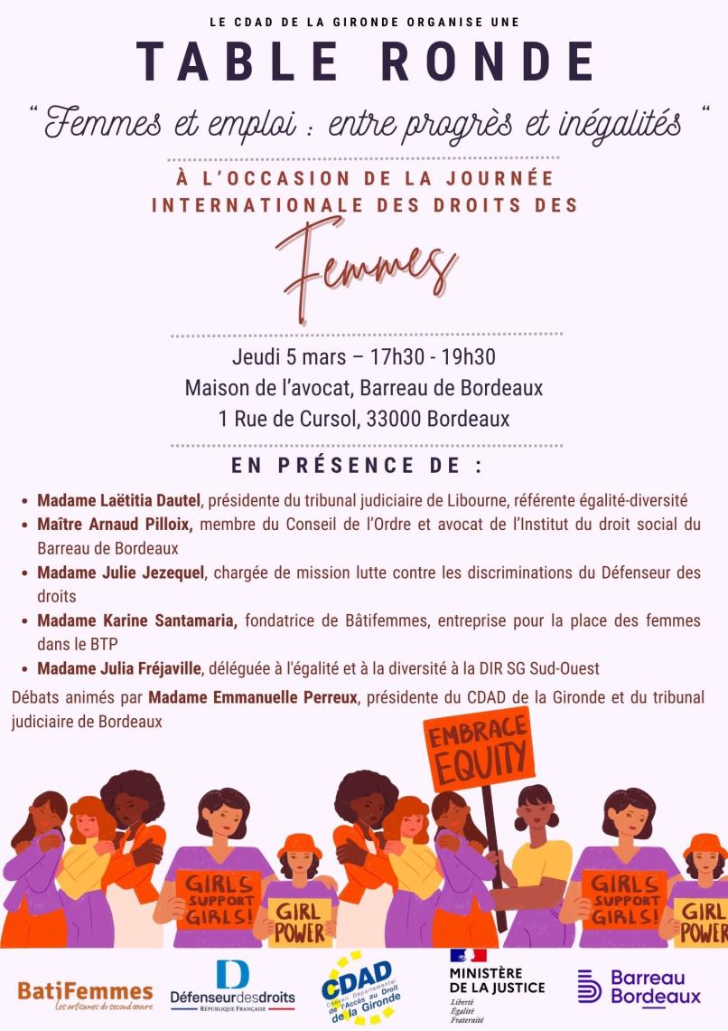 CDAD Gironde - Table ronde organisée par le CDAD à l'occasion de la journée internationale des droits des femmes !